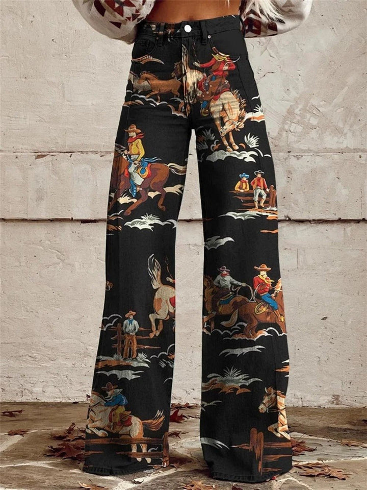 Dames Linnen-Look Western Print Hoge Taille Wijd Uitlopende Broek - Black