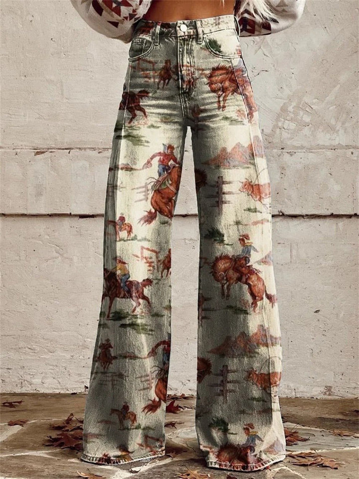 Dames Linnen-Look Western Print Hoge Taille Wijd Uitlopende Broek - Beige