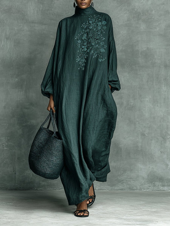 Dames Linnen Maxi Long Sleeve Dress Hoge Hals Borduurwerk