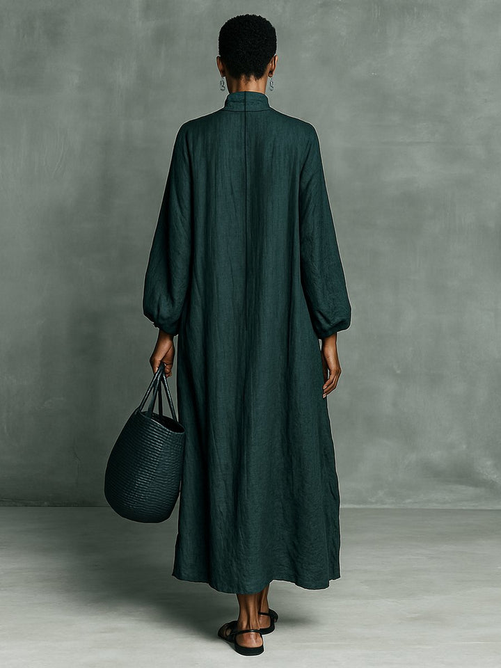 Dames Linnen Maxi Long Sleeve Dress Hoge Hals Borduurwerk