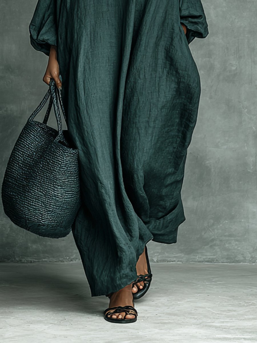 Dames Linnen Maxi Long Sleeve Dress Hoge Hals Borduurwerk