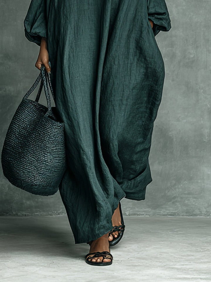 Dames Linnen Maxi Long Sleeve Dress Hoge Hals Borduurwerk