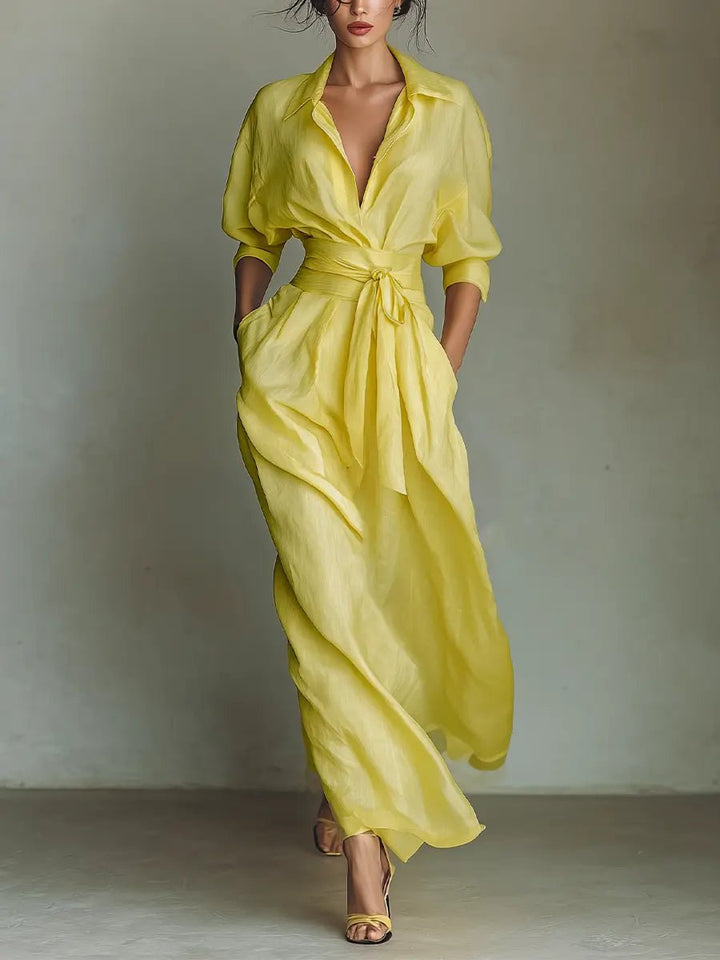 Dames Linnen Maxi Overhemd Jurk V-hals Half Mouwen - Yellow