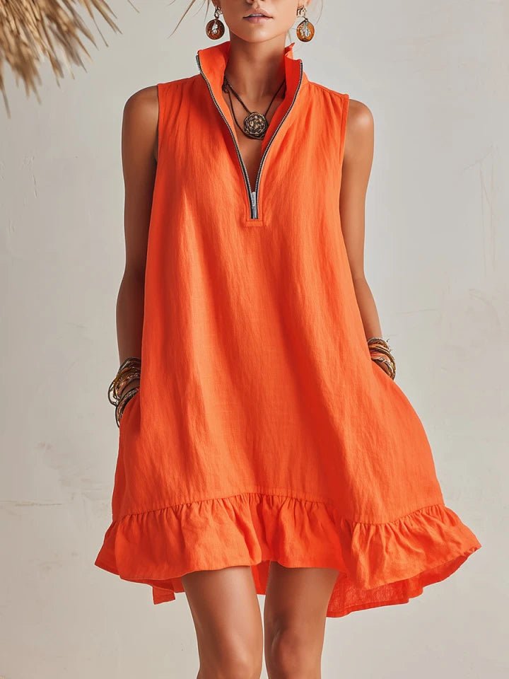 Dames Linnen Mini Jurk met Halve Ritssluiting en Ruches - Orange