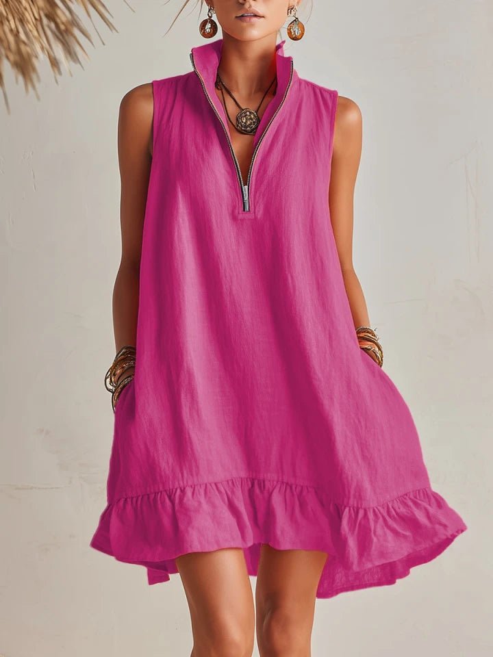 Dames Linnen Mini Jurk met Halve Ritssluiting en Ruches - Magenta
