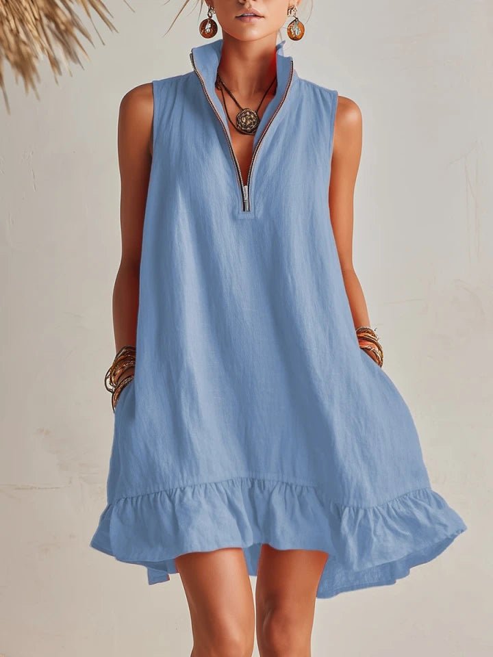 Dames Linnen Mini Jurk met Halve Ritssluiting en Ruches - Blue