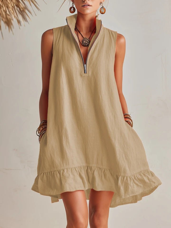 Dames Linnen Mini Jurk met Halve Ritssluiting en Ruches - Light Khaki