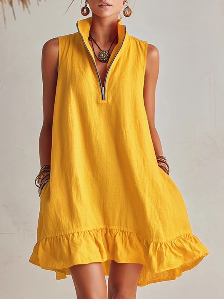 Dames Linnen Mini Jurk met Halve Ritssluiting en Ruches - Yellow