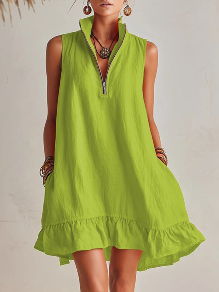 Dames Linnen Mini Jurk met Halve Ritssluiting en Ruches - Green