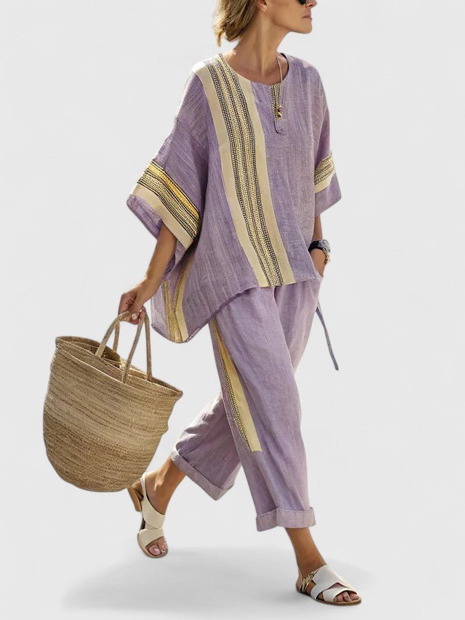 Dames Linnen-Mix Wijde-Pijpen Co-Ord Set Zomer - Paars