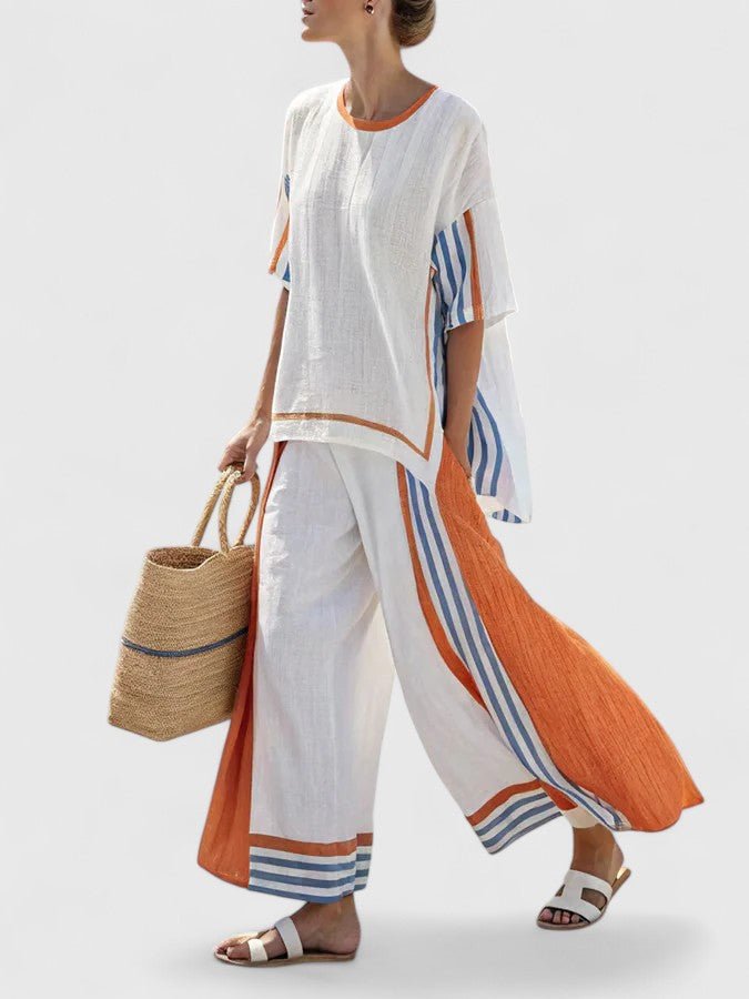 Dames Linnen-Mix Wijde-Pijpen Co-Ord Set Zomer - Oranje Streep