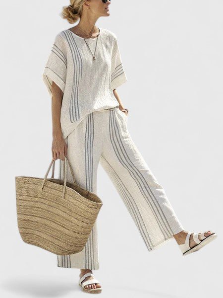 Dames Linnen-Mix Wijde-Pijpen Co-Ord Set Zomer - Blauwe streep