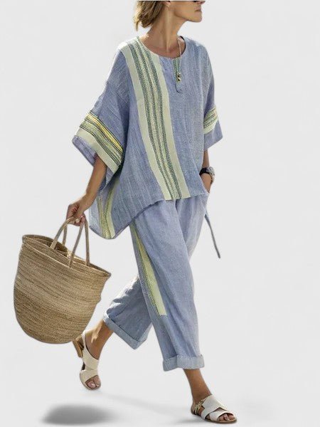 Dames Linnen-Mix Wijde-Pijpen Co-Ord Set Zomer - Blauw