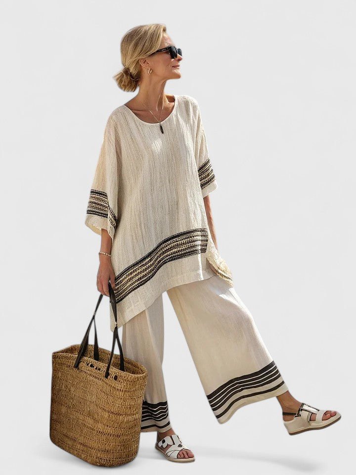 Dames Linnen-Mix Wijde-Pijpen Co-Ord Set Zomer - Zwarte Streep