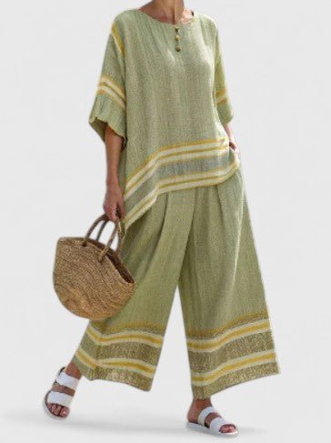 Dames Linnen-Mix Wijde-Pijpen Co-Ord Set Zomer - Groen