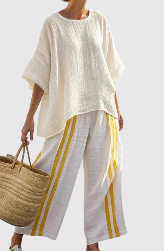 Dames Linnen-Mix Wijde-Pijpen Co-Ord Set Zomer - Gele Streep