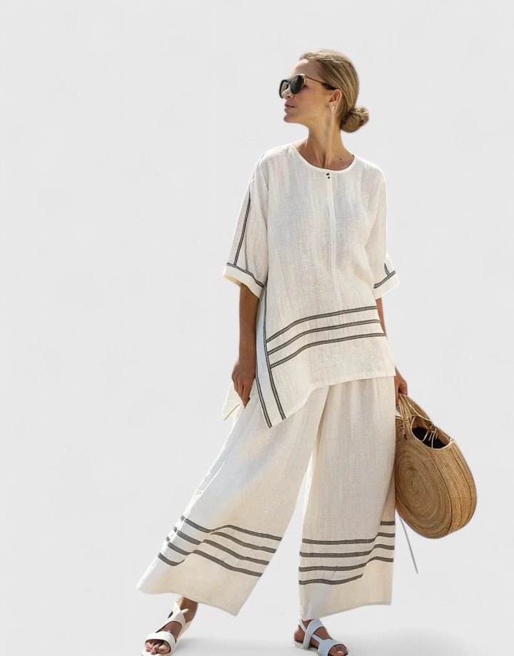 Dames Linnen-Mix Wijde-Pijpen Co-Ord Set Zomer - Wit