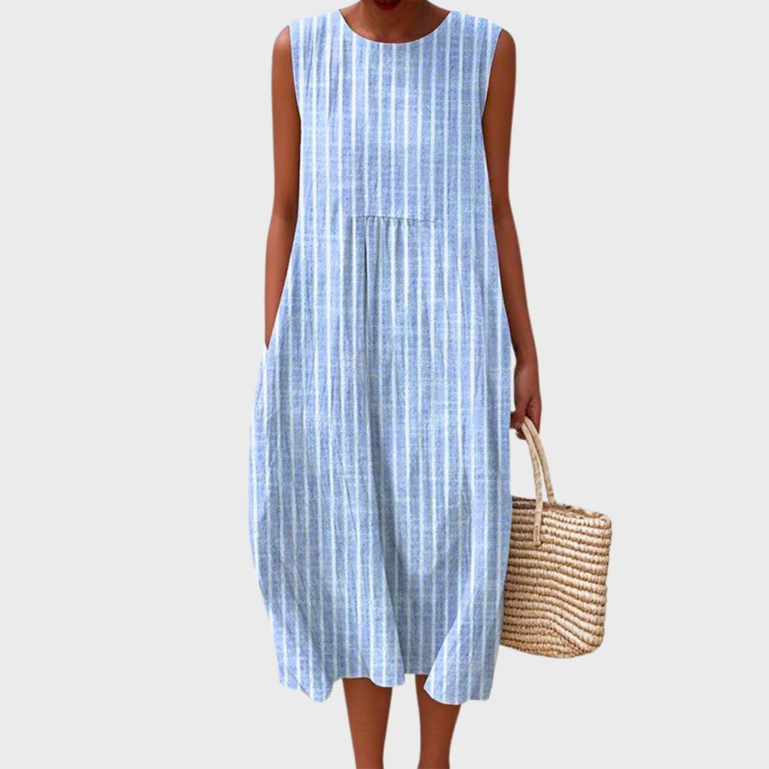 Dames Linnen Mouwloze Gelaagde Midi Jurk - Blue