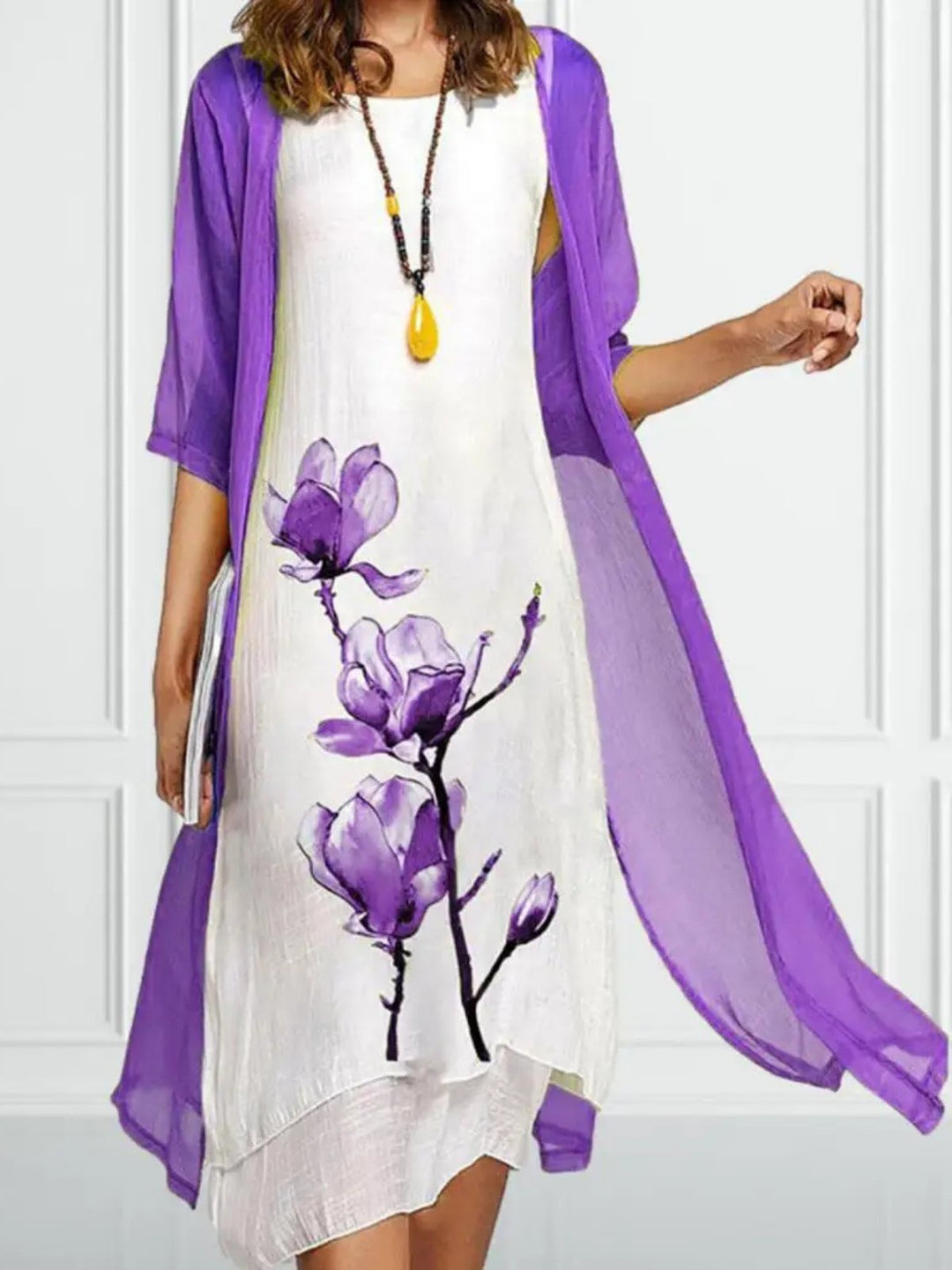 Dames Linnen Mouwloze Midi Jurk met Chiffon Vest Set - Purple