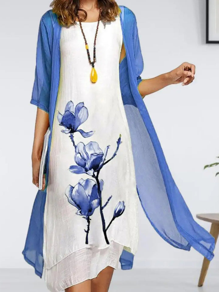 Dames Linnen Mouwloze Midi Jurk met Chiffon Vest Set - Blue