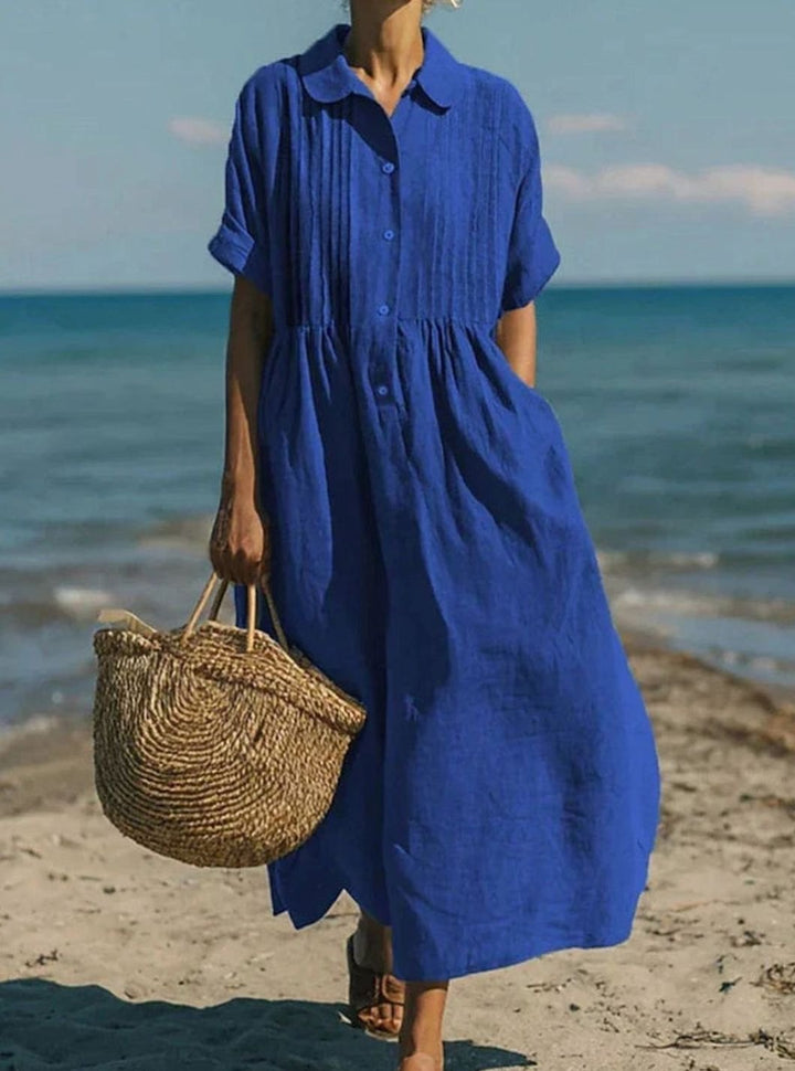 Dames Linnen Overhemdjurk Korte Mouw Casual Midi Jurk - Blauw