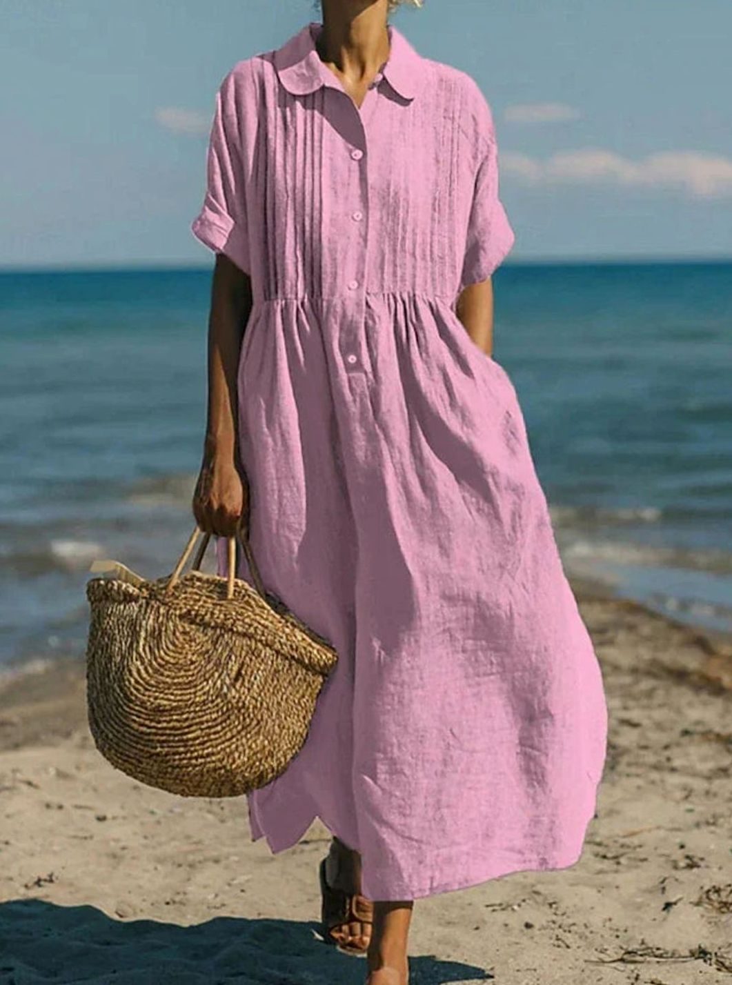 Dames Linnen Overhemdjurk Korte Mouw Casual Midi Jurk - Roze