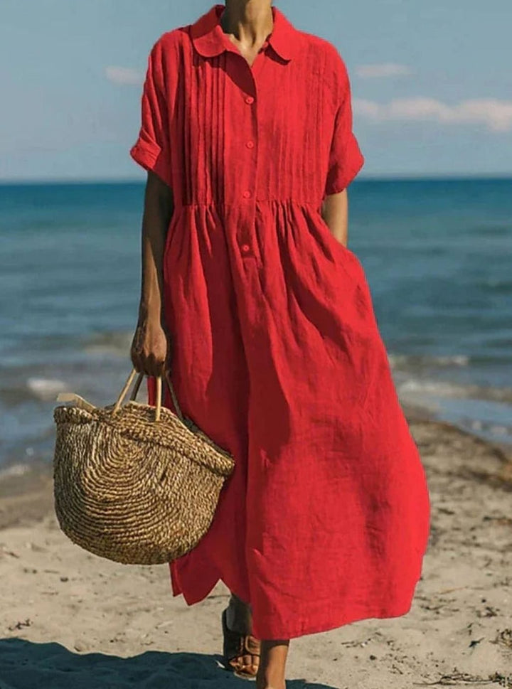 Dames Linnen Overhemdjurk Korte Mouw Casual Midi Jurk - Rood