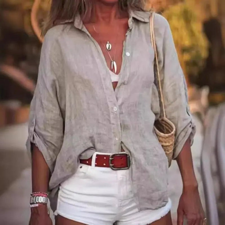 Dames Linnen Oversized Lange Mouwen Blouse - Gray