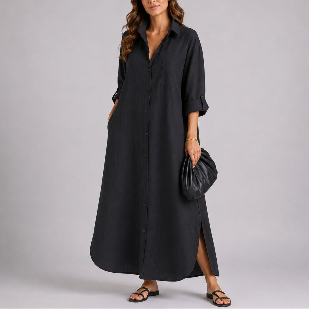 Dames Linnen Oversized Maxi Blousejurk Fall Wedding Guest Dresses - Zwart