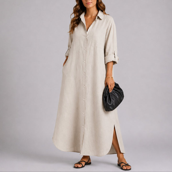 Dames Linnen Oversized Maxi Blousejurk Fall Wedding Guest Dresses - Beige