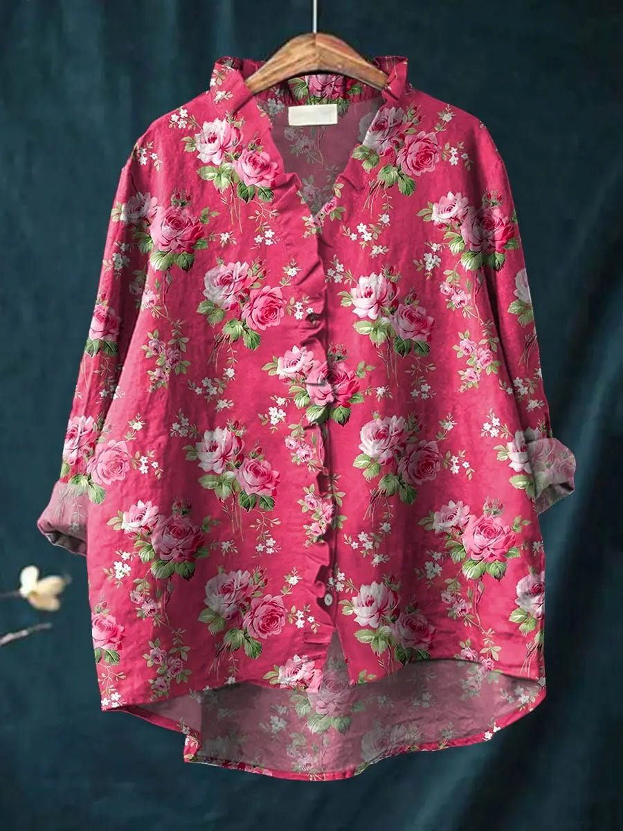 Dames Linnen Ruche Blouse Gebloemd Relaxed-Fit Lange Mouw