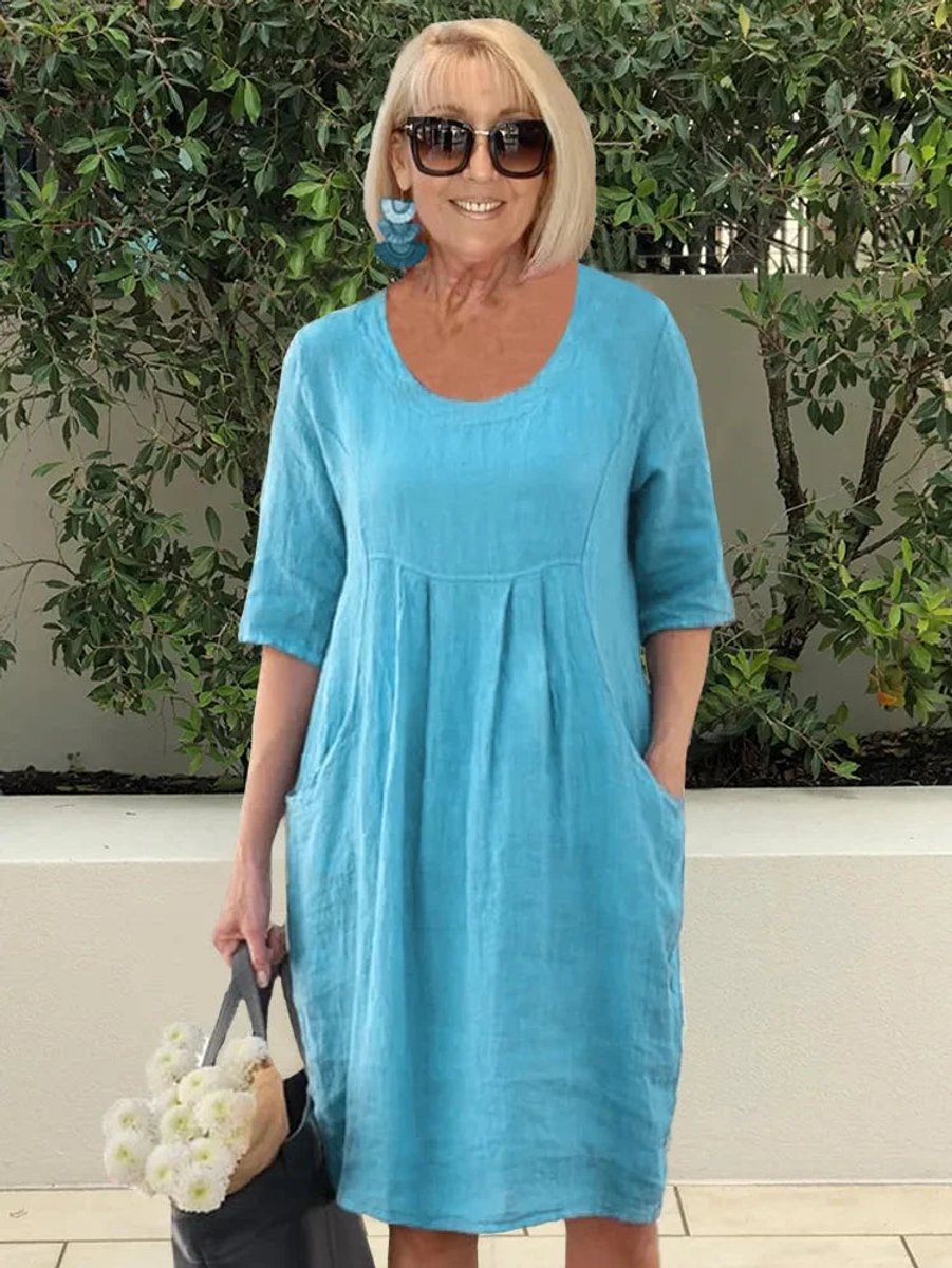 Dames Linnen Tuniekjurk Halve Mouw Losse Zomerjurk Zakken - Blauw