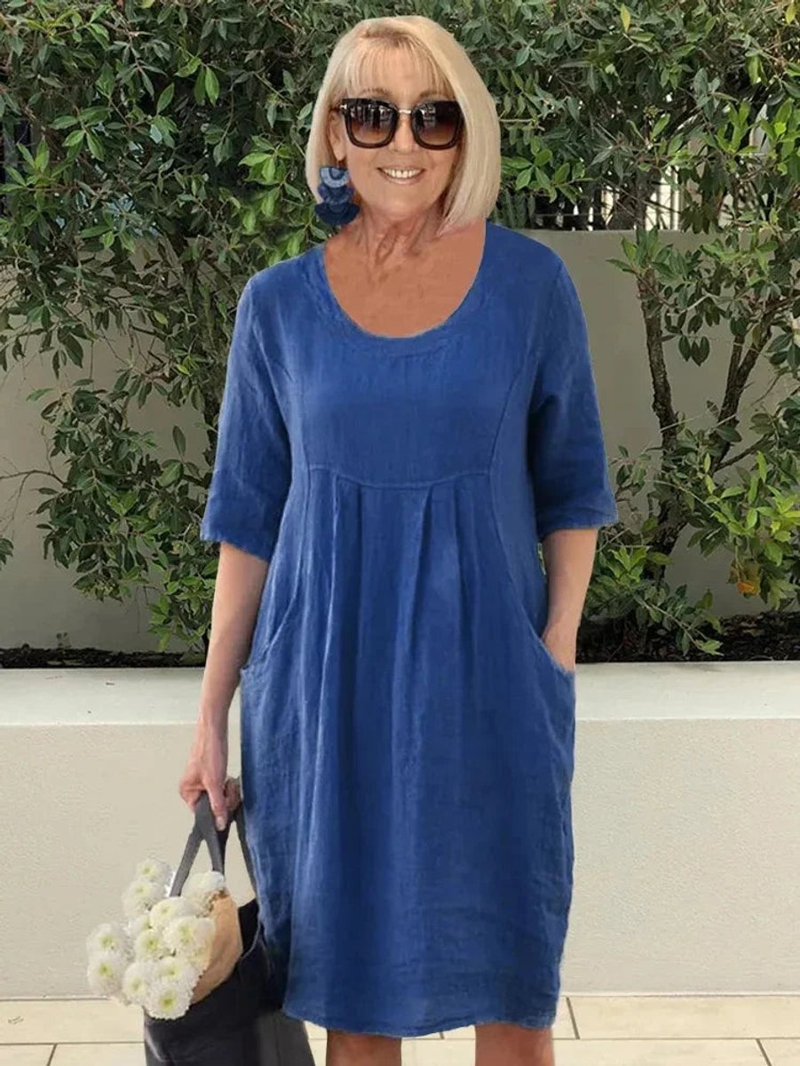 Dames Linnen Tuniekjurk Halve Mouw Losse Zomerjurk Zakken - Marineblauw