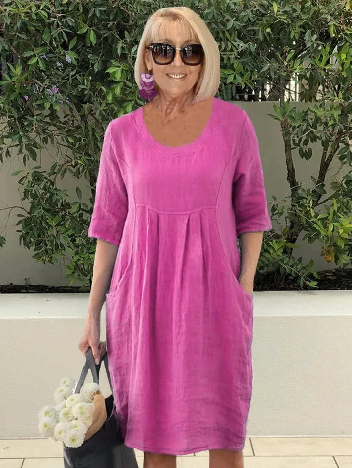 Dames Linnen Tuniekjurk Halve Mouw Losse Zomerjurk Zakken - Roze