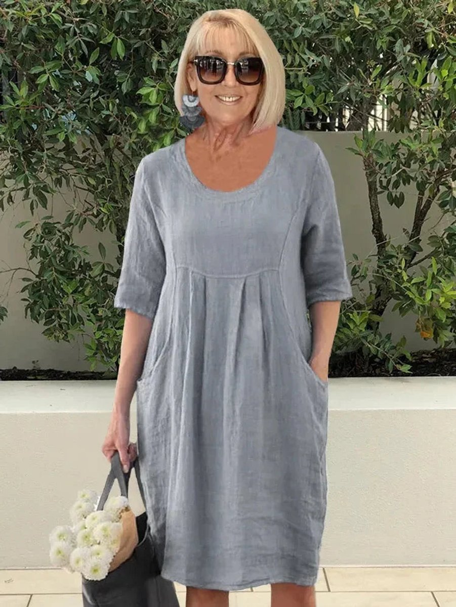 Dames Linnen Tuniekjurk Halve Mouw Losse Zomerjurk Zakken - Grijs