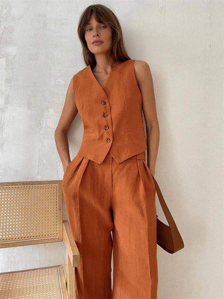 Dames Linnen Twee-delige Set met Vest en Wijde Broek - Orange