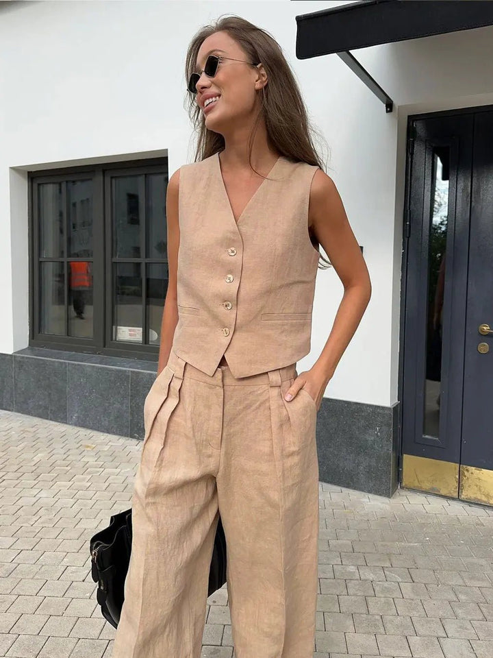 Dames Linnen Twee-delige Set met Vest en Wijde Broek