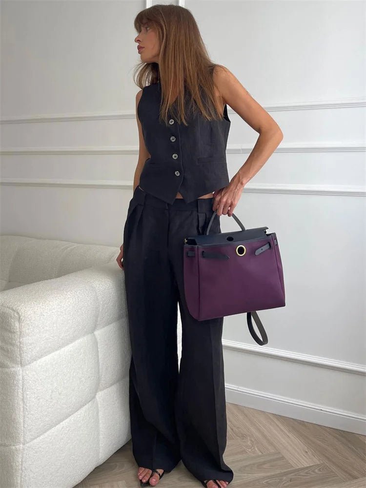 Dames Linnen Twee-delige Set met Vest en Wijde Broek