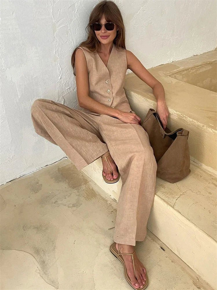 Dames Linnen Twee-delige Set met Vest en Wijde Broek - Beige