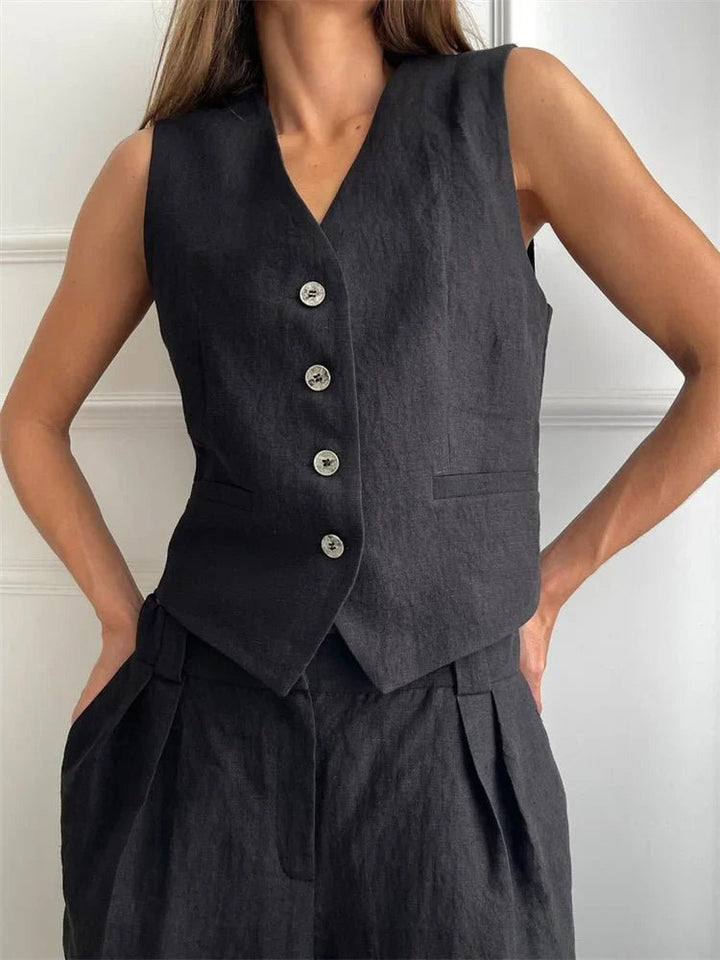 Dames Linnen Twee-delige Set met Vest en Wijde Broek - Black