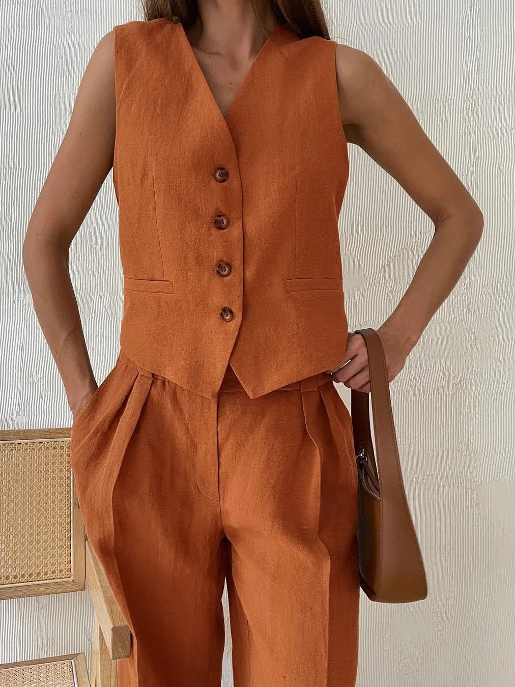 Dames Linnen Twee-delige Set met Vest en Wijde Broek