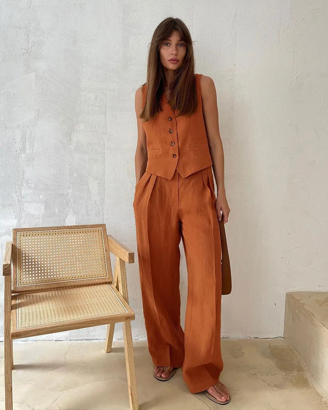Dames Linnen Twee-delige Set met Vest en Wijde Broek