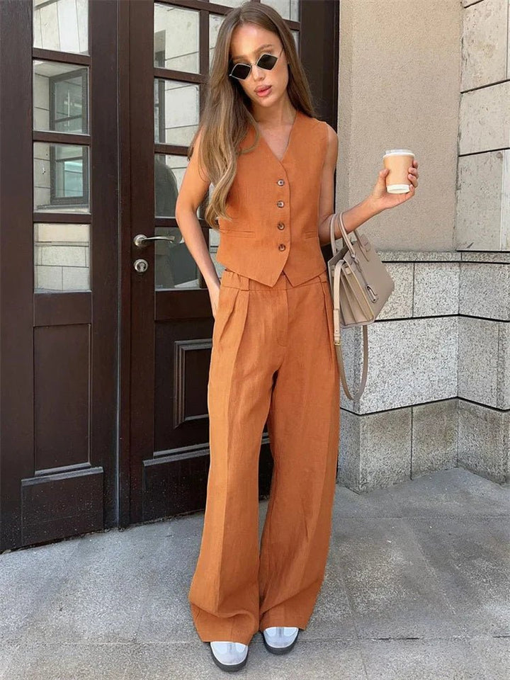 Dames Linnen Twee-delige Set met Vest en Wijde Broek