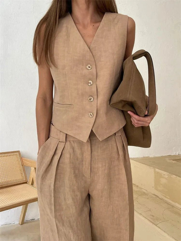 Dames Linnen Twee-delige Set met Vest en Wijde Broek