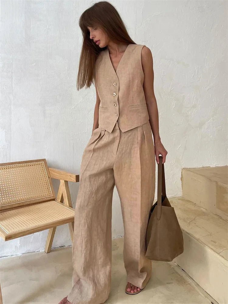Dames Linnen Twee-delige Set met Vest en Wijde Broek