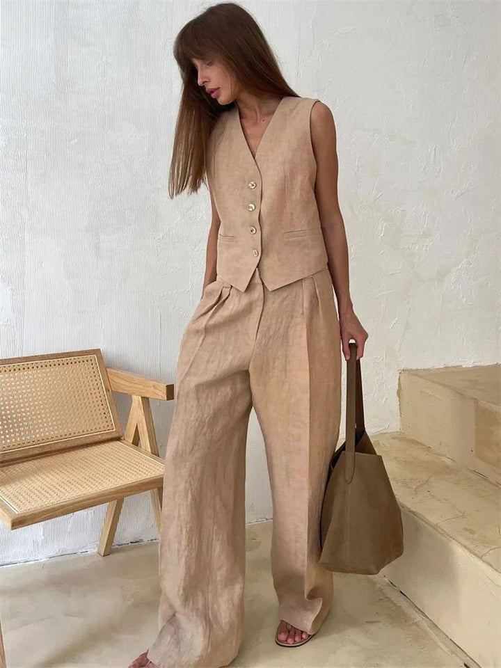 Dames Linnen Twee-delige Set met Vest en Wijde Broek