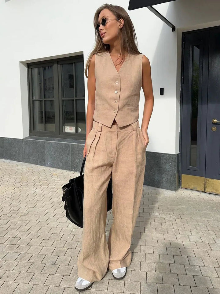 Dames Linnen Twee-delige Set met Vest en Wijde Broek