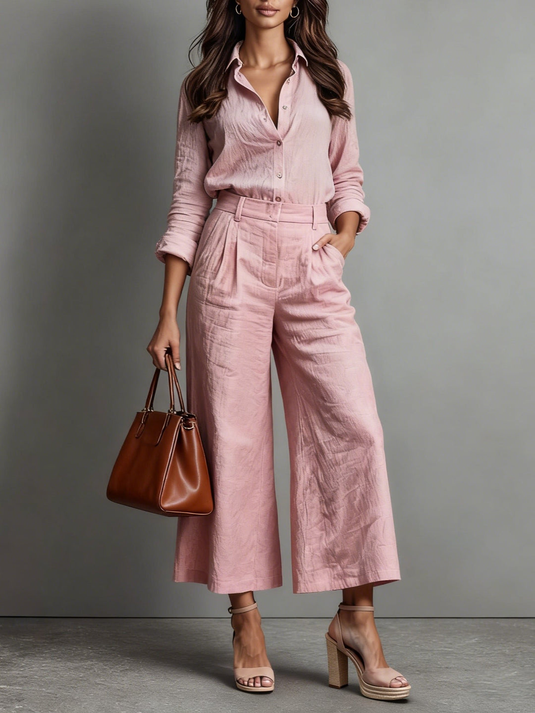 Dames Linnen Tweedelige Set High-Waist Wide-Leg - Pink