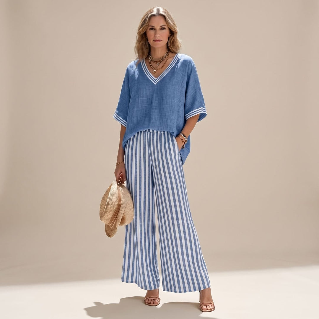 Dames Linnen Tweedelige Set V-Hals Oversized Top Wijdbeense Broek - Blauw