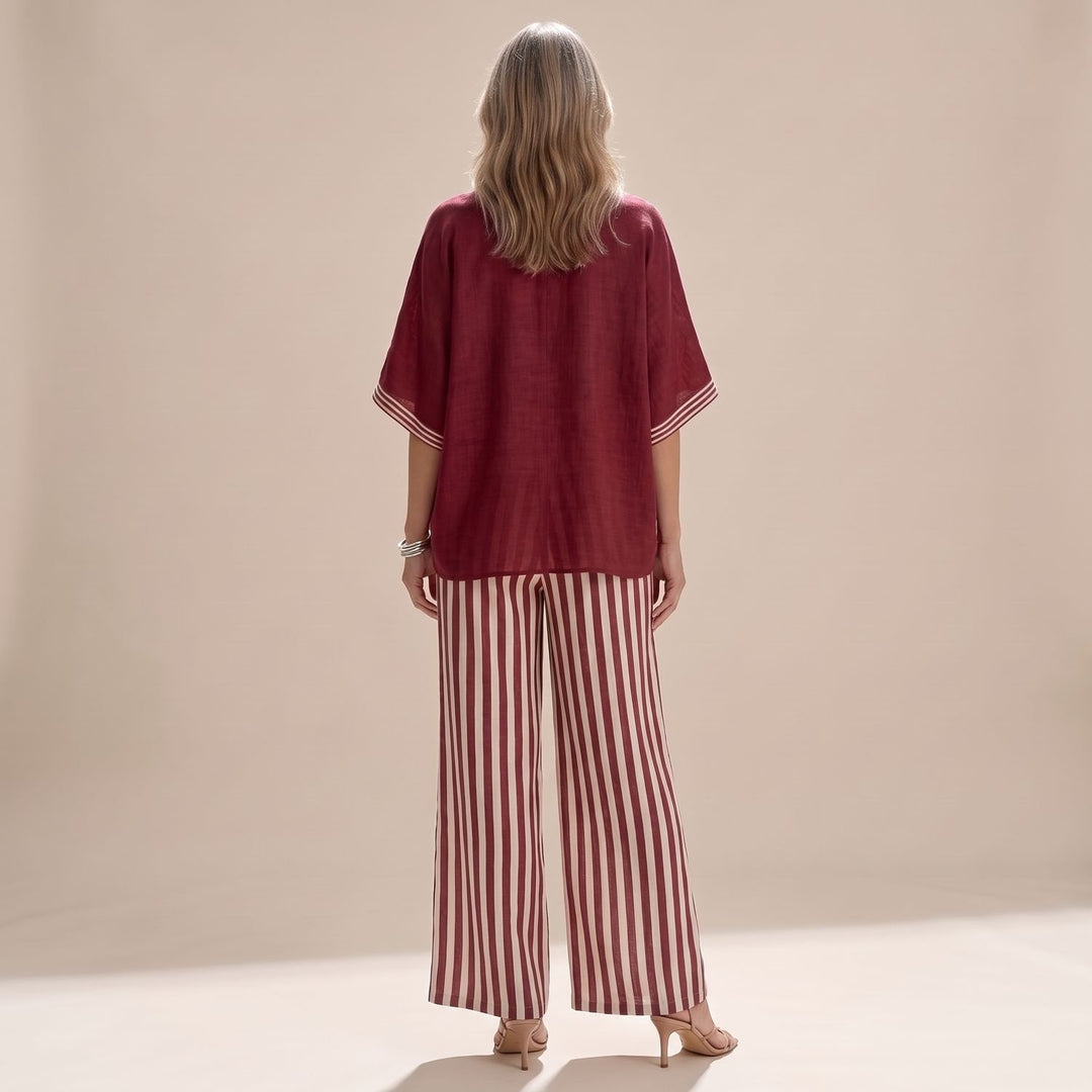 Dames Linnen Tweedelige Set V-Hals Oversized Top Wijdbeense Broek